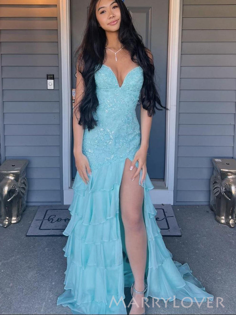 Floor-length Blue Chiffon Appliques Long Evening Prom Dresses, V-neck Prom Dress, MR0102
