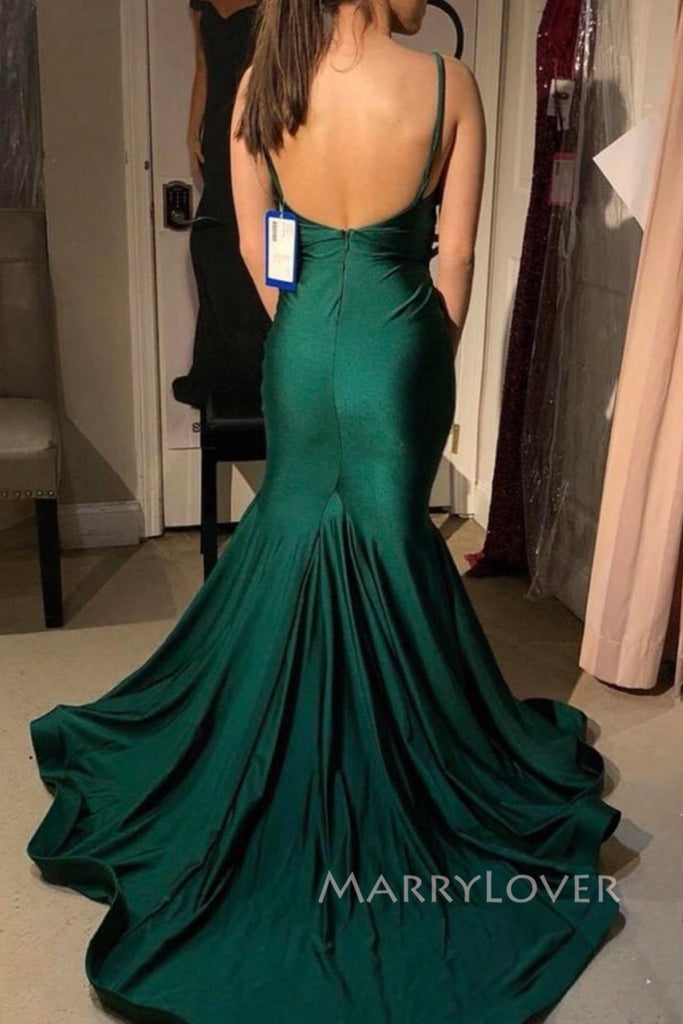 Elegant Emerald Green Mermaid Long Evening Prom Dresses, Spaghetti Straps Prom Dress, MR0103
