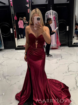 Gorgeous Burgundy Satin Appliques Long Evening Prom Dresses, Sweetheart Mermaid Prom Dress, MR0104