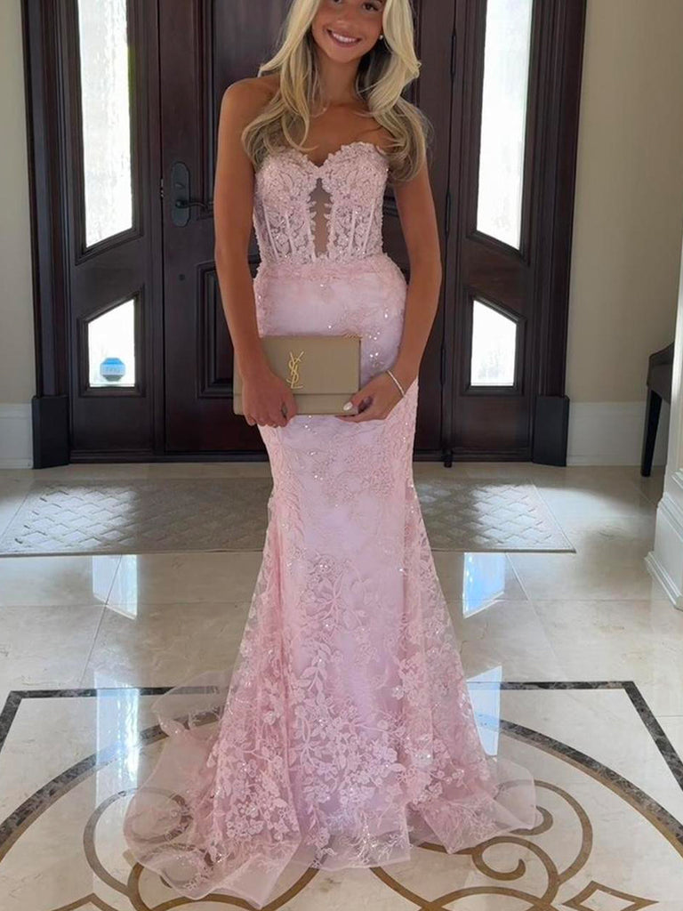 Sweetheart Pink Lace Appliques Long Evening Prom Dresses, Mermaid Prom Dress, MR0105