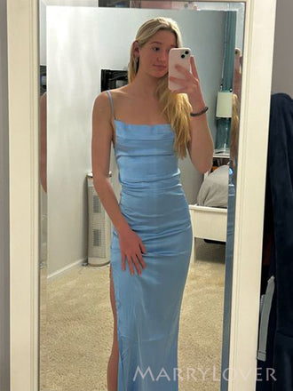 Spaghetti Straps Simple Blue Satin Mermaid Long Evening Prom Dresses, MR0114
