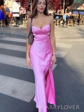 Unique Pink Mermaid Backless Satin Long Evening Prom Dresses, MR0120