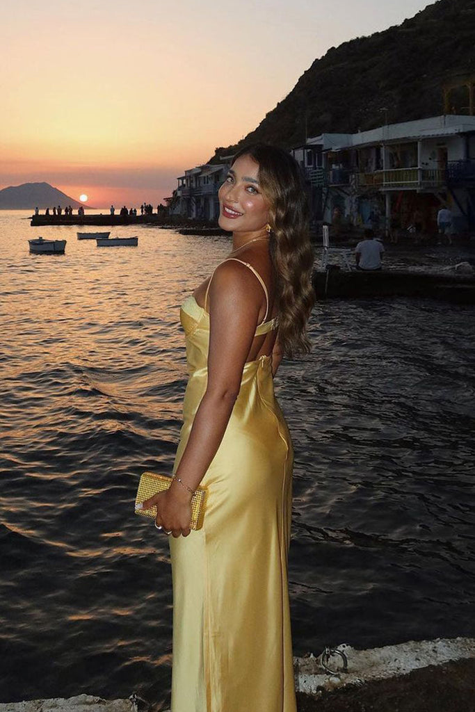 Sexy Spaghetti Straps Gold Satin Long Evening Prom Dresses, MR0121