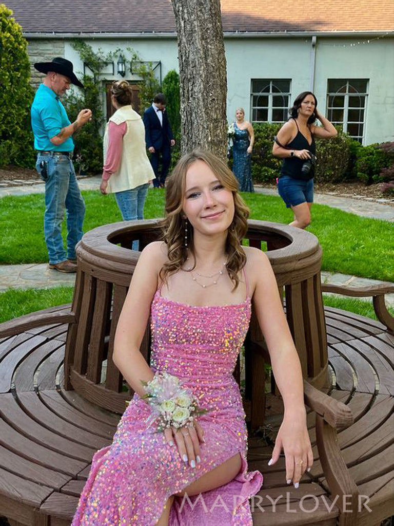 Sparkly Pink Sequins Mermiaid Spaghetti Straps Long Evening Prom Dresses, MR0124