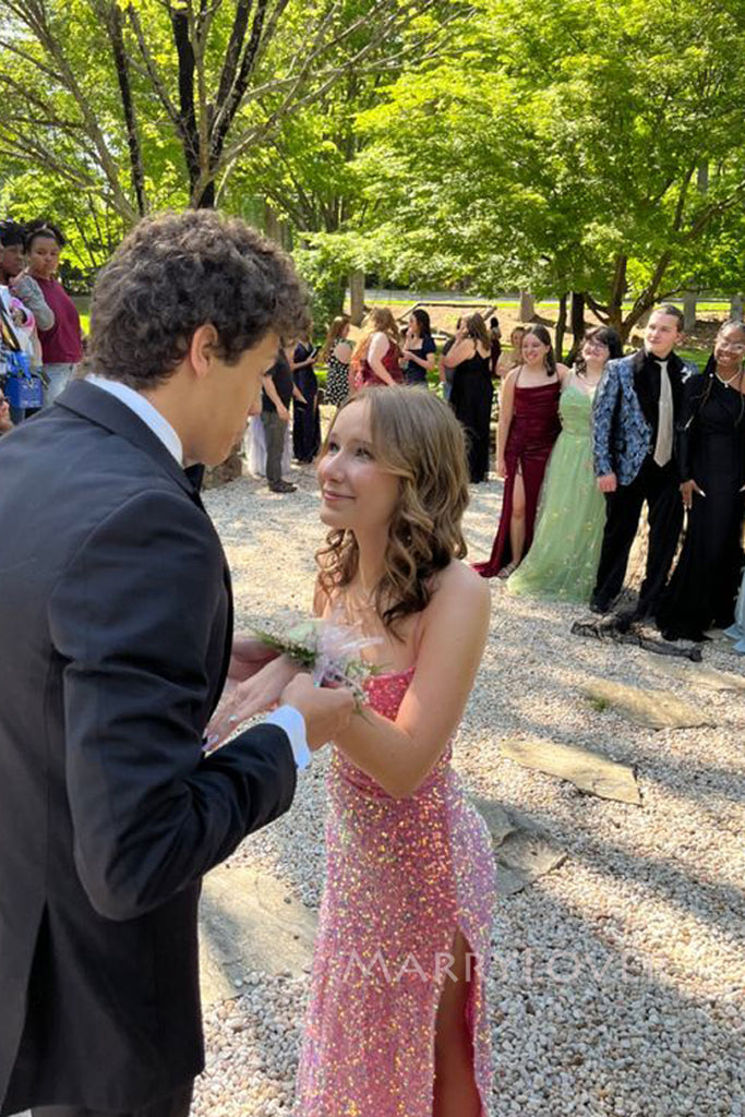 Sparkly Pink Sequins Mermiaid Spaghetti Straps Long Evening Prom Dresses, MR0124