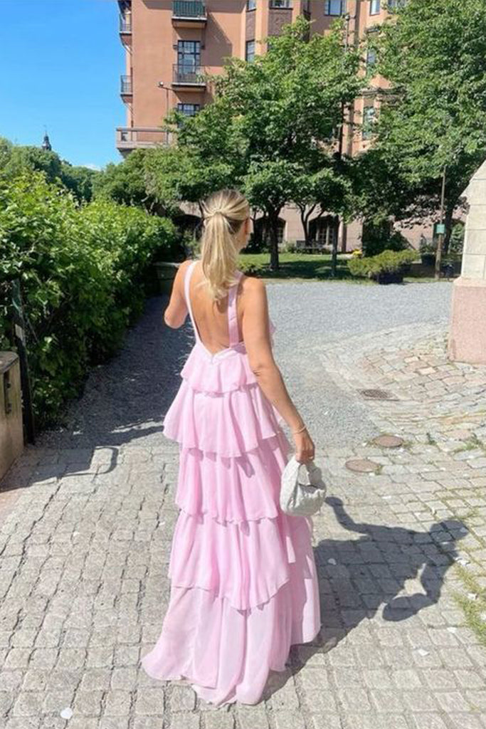 Morden Pink Chiffon Long Evening Prom Dresses, A-line Backless Prom Dress, MR0125
