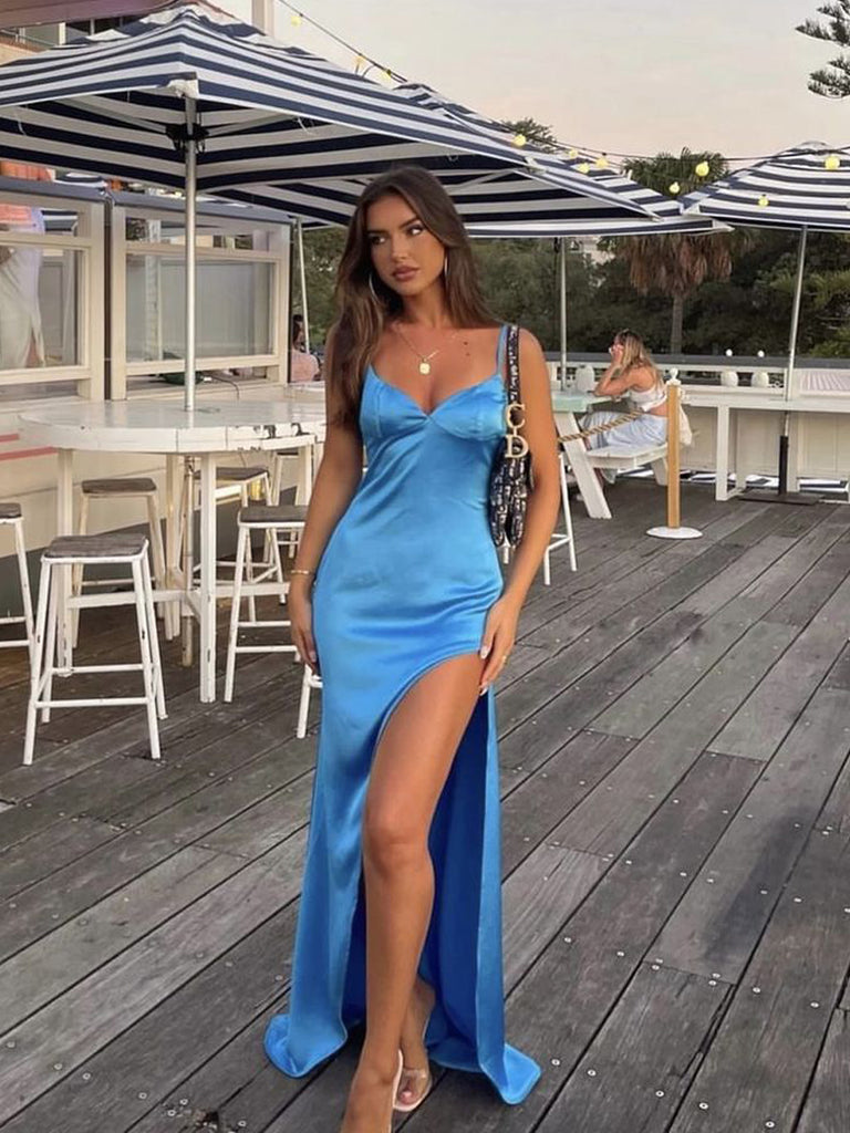Floor-length High Slit Straps Blue Satin Long Evening Prom Dresses, MR0129
