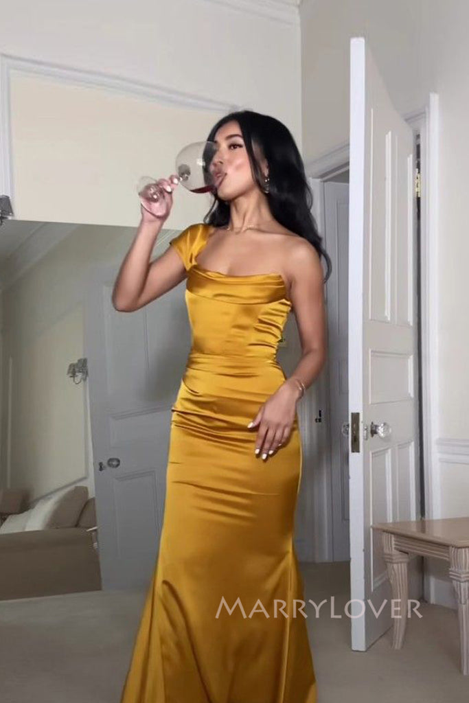 Elegant One Shoulder Mermaid Gold Satin Long Evening Prom Dresses, MR0131
