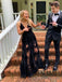 A-line Black Tulle Appliques Spaghetti Straps Long Evening Prom Dresses V-neck, MR0132
