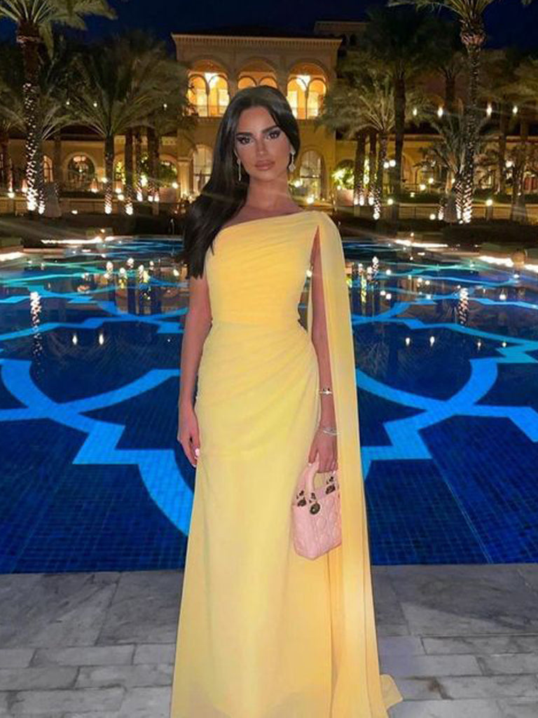 one shoulder yellow prom dress A-line One Shoulder Tulle Sleeveless Yellow Long Prom Dress PSK292 US14 / Custom Color