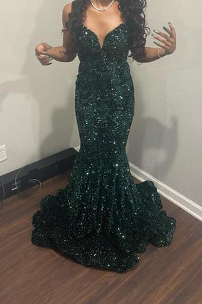 Strapless Dark Green Sequins Mermiaid Long Evening Prom Dresses, MR0137