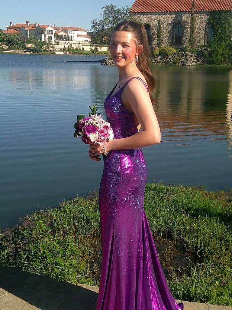 Sparkly Purple Mermiaid V-neck Long Evening Prom Dresses, Spaghetti Straps Prom Dress, MR0140