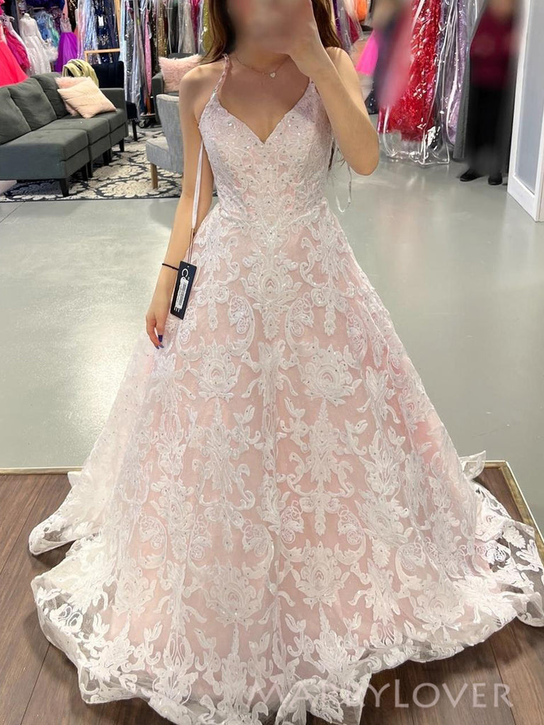 Beautiful White Lace A-line Long Evening Prom Dresses, V-neck Wedding Dress, MR0141