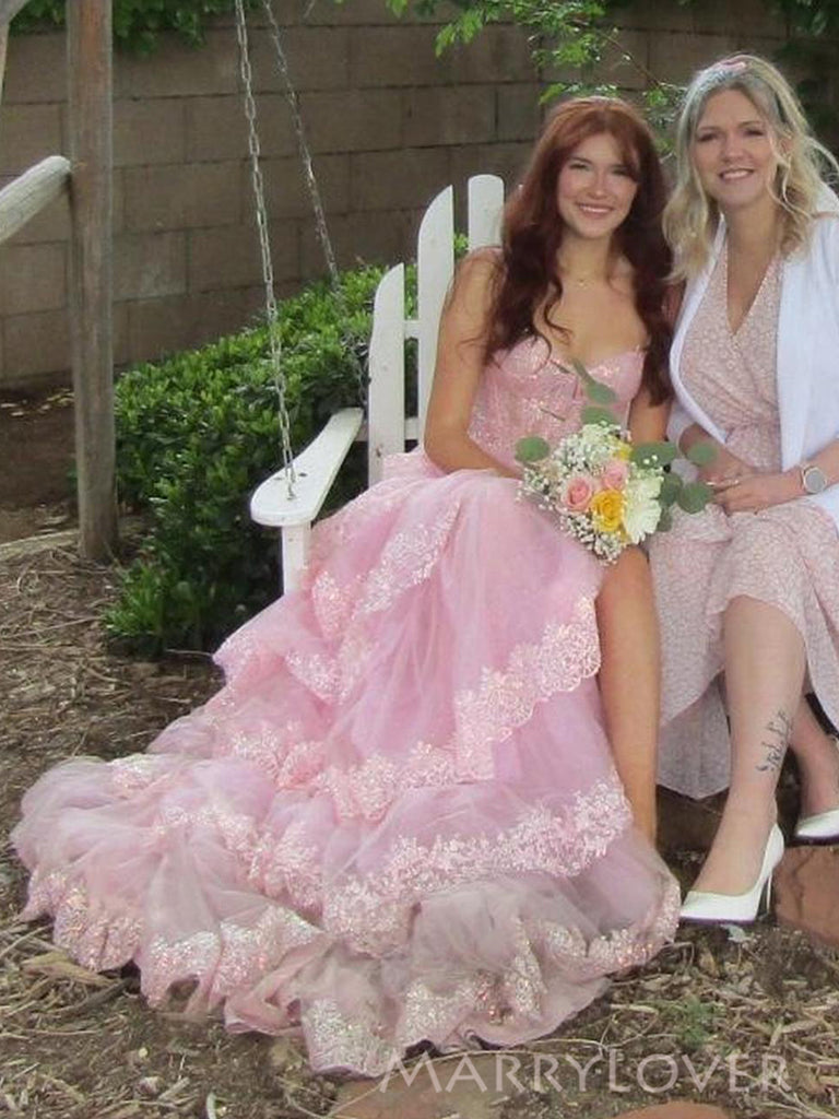 Formal A-line Pink Tulle Appliques Long Evening Prom Dresses, MR0142