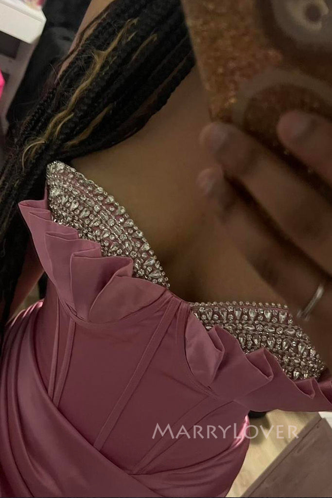 Sweetheart Side Slit Beaded Satin Mermaid Long Evening Prom Dresses, MR0143