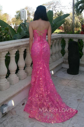 Unique Pink Lace V-neck Long Evening Prom Dresses, Mermaid Prom Dress, MR0147