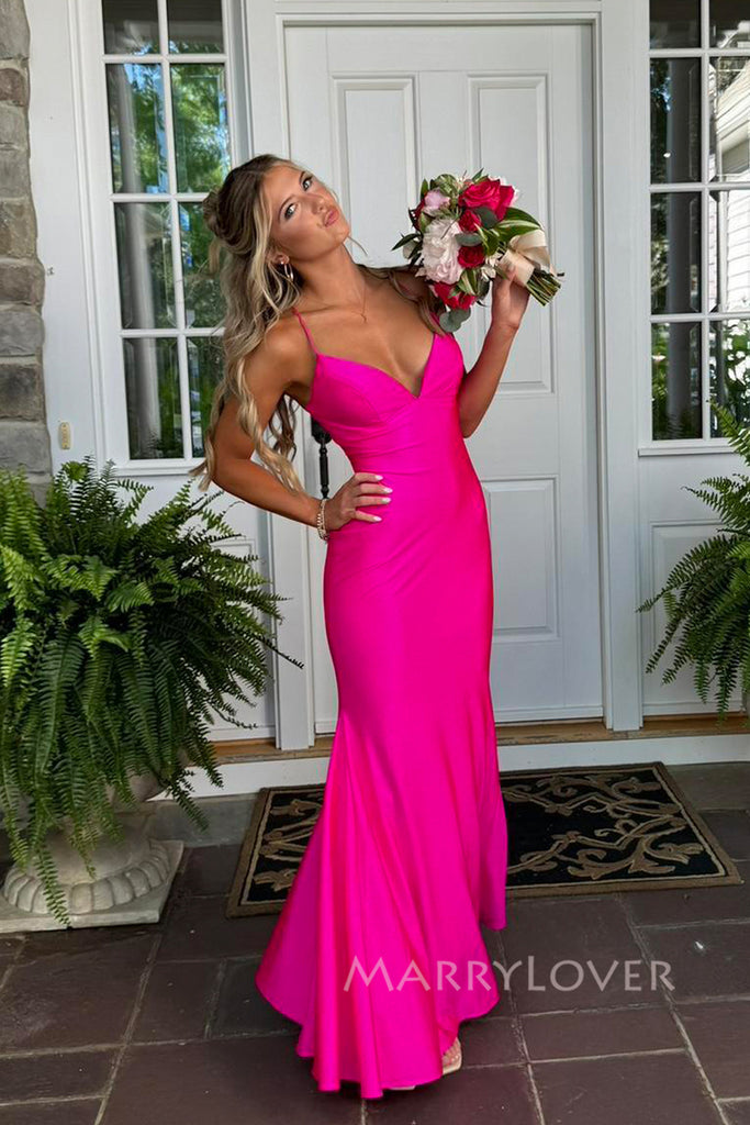 Elegant Backless Pink Mermaid V-neck Long Evening Prom Dresses, MR0148
