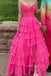 Hot Pink Sweetheart A-line Long Evening Prom Dresses, Side Slit Strapless Prom Dress, MR0151