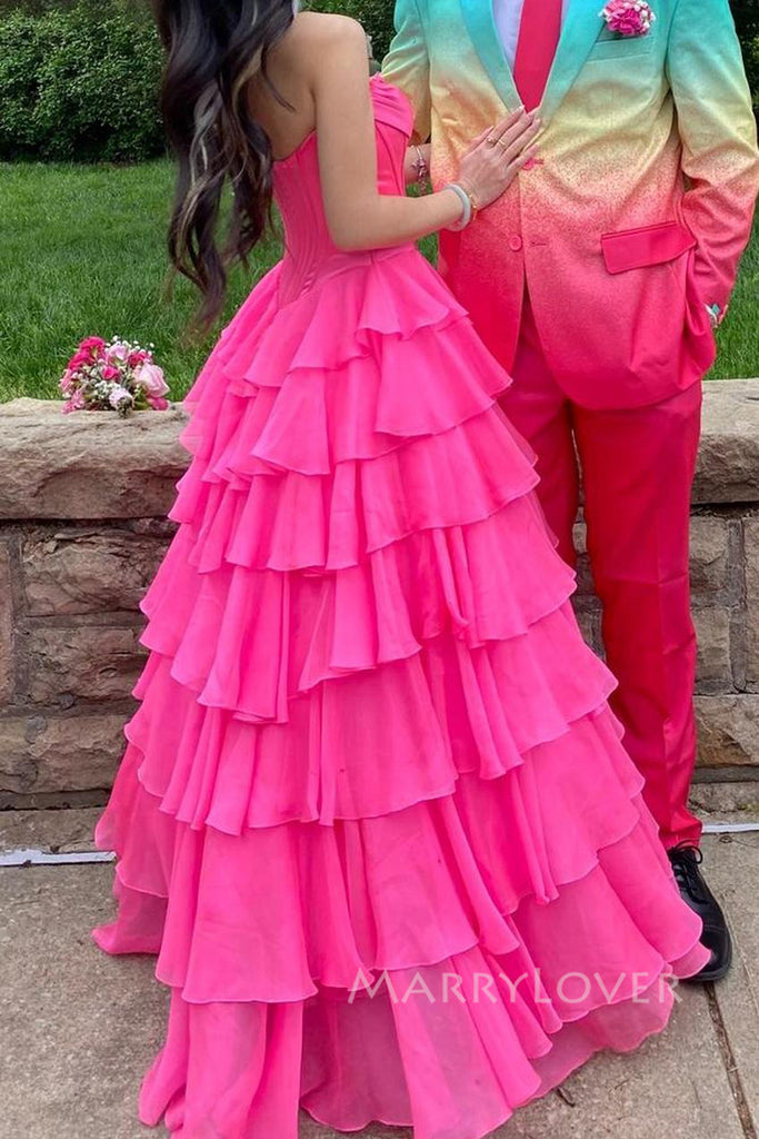 Hot Pink Sweetheart A-line Long Evening Prom Dresses, Side Slit Strapless Prom Dress, MR0151