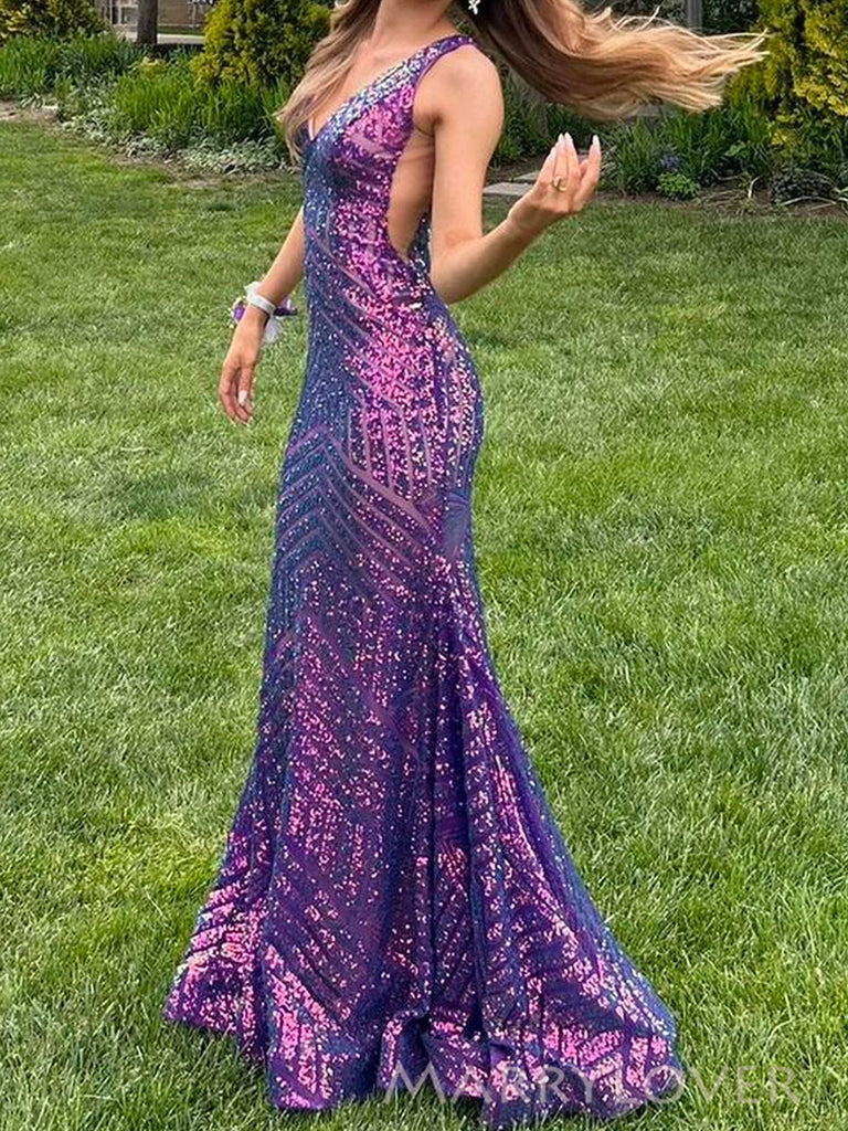Purple Sequins Mermaid V-back Long Evening Prom Dresses, V-neck Prom D – MarryLover