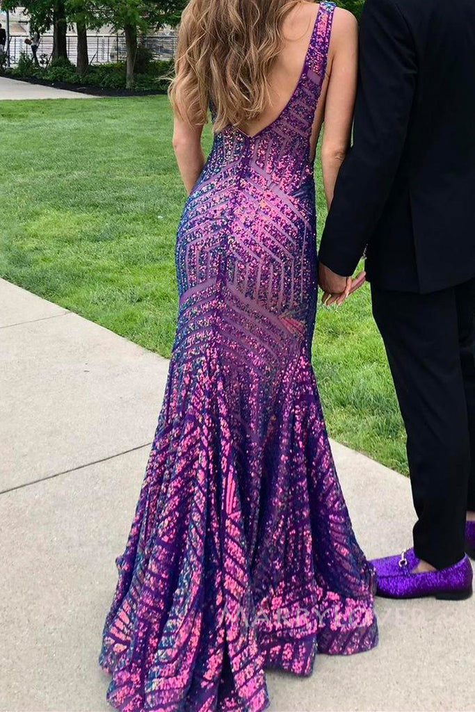 Purple Sequins Mermaid V-back Long Evening Prom Dresses, V-neck Prom Dress, MR0154