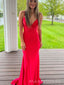 Red V-neck Mermaid Spaghetti Straps Long Evening Prom Dresses, Sparkly Prom Dress, MR0156