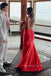Red V-neck Mermaid Spaghetti Straps Long Evening Prom Dresses, Sparkly Prom Dress, MR0156