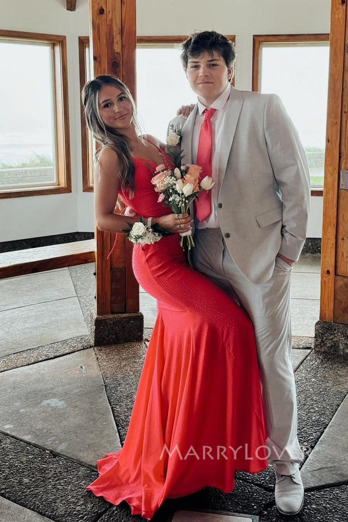 Red V-neck Mermaid Spaghetti Straps Long Evening Prom Dresses, Sparkly Prom Dress, MR0156