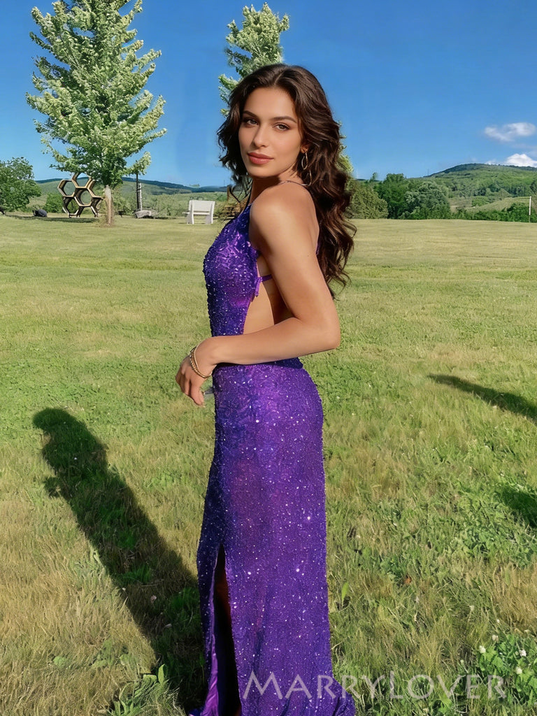 Formal V-neck Purple Sequins Long Evening Prom Dresses, Mermaid High Slit Prom Dress, MR0158