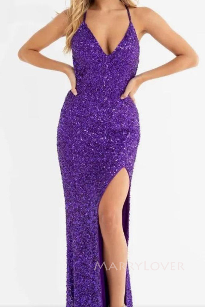 Formal V-neck Purple Sequins Long Evening Prom Dresses, Mermaid High Slit Prom Dress, MR0158