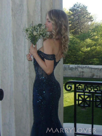Navy Blue Tulle Besded Mermiad Off Shoulder Long Evening Prom Dresses, MR0159