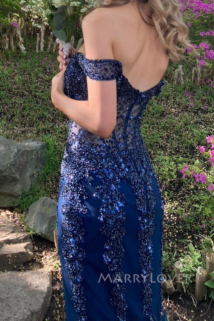 Navy Blue Tulle Besded Mermiad Off Shoulder Long Evening Prom Dresses, MR0159