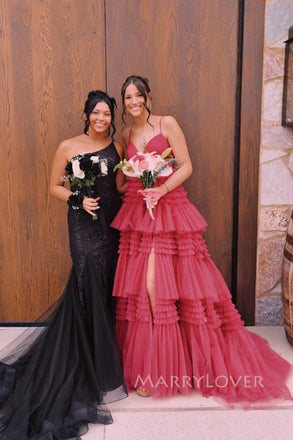 Formal A-line Tulle Spaghetti Straps V-neck Long Evening Prom Dresses, MR0163