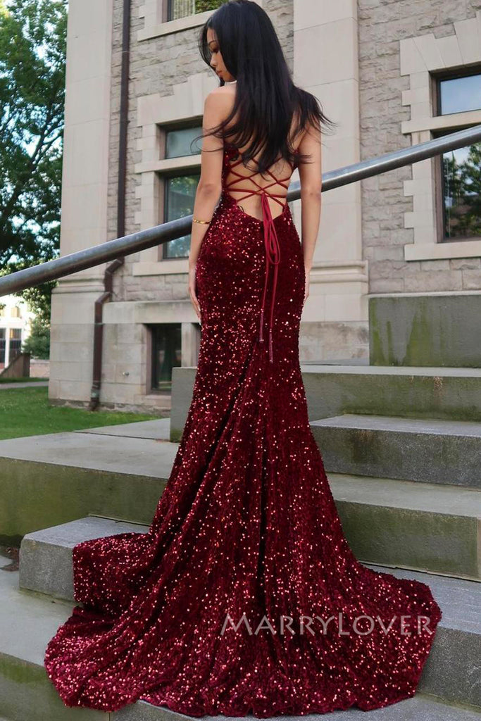Elegant Red Sequins Spaghetti Straps Long Evening Prom Dresses, Mermaid Prom Dress, MR0165