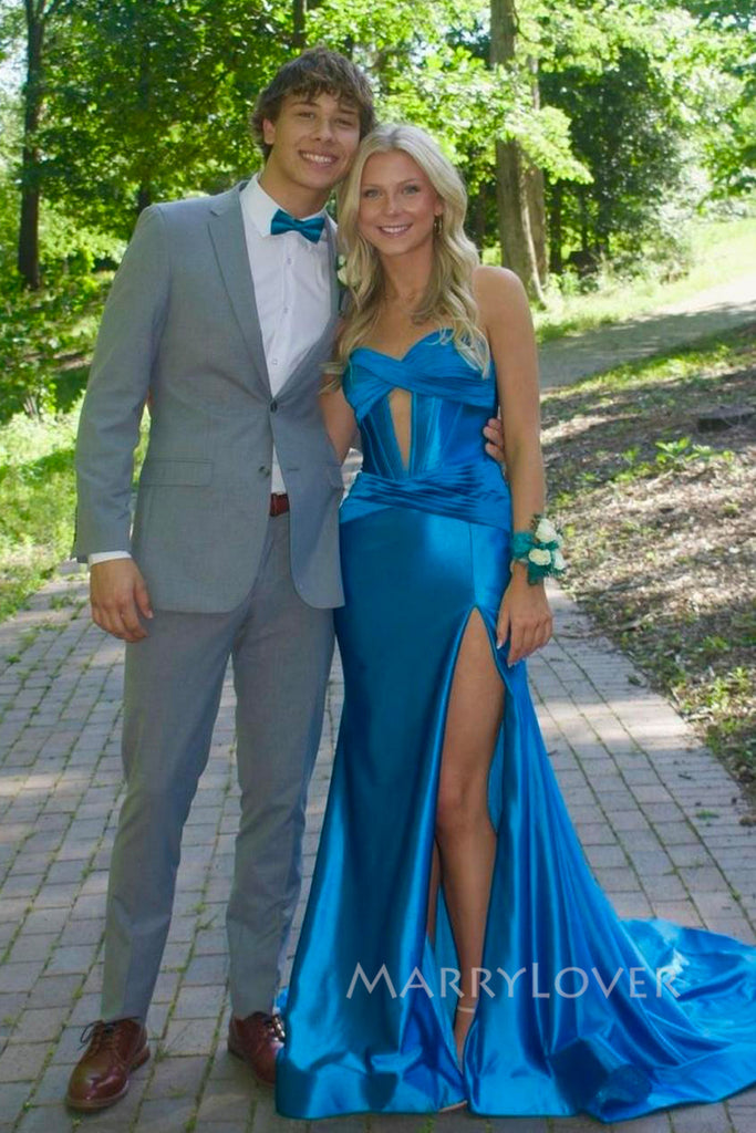 Mermaid Sweetheart Side Slit Satin Long Evening Prom Dresses, MR0166