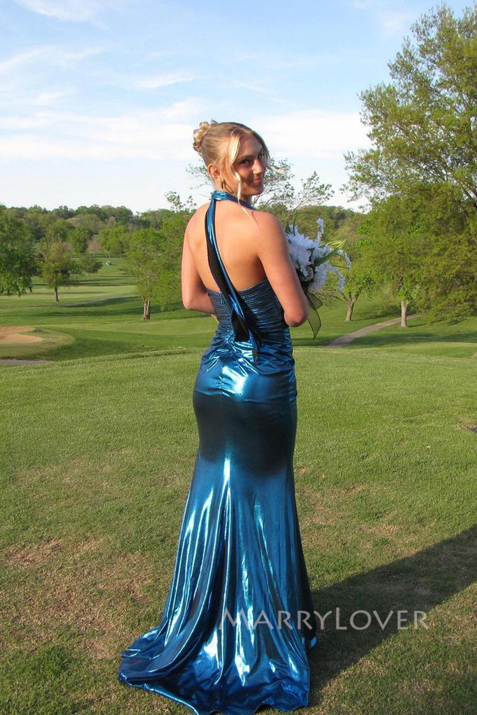 Sheath Blue Mermaid V-neck Long Evening Prom Dresses, MR0169