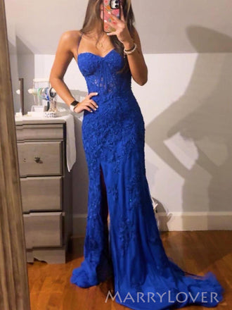Backless Royal Blue Tulle Appliques Spaghetti Straps Long Evening Prom Dresses Mermaid, MR0170