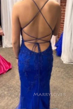 Backless Royal Blue Tulle Appliques Spaghetti Straps Long Evening Prom Dresses Mermaid, MR0170