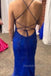 Backless Royal Blue Tulle Appliques Spaghetti Straps Long Evening Prom Dresses Mermaid, MR0170
