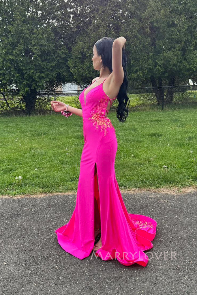 Unique Pink Mermaid Appliques Long Evening Prom Dresses, MR0172