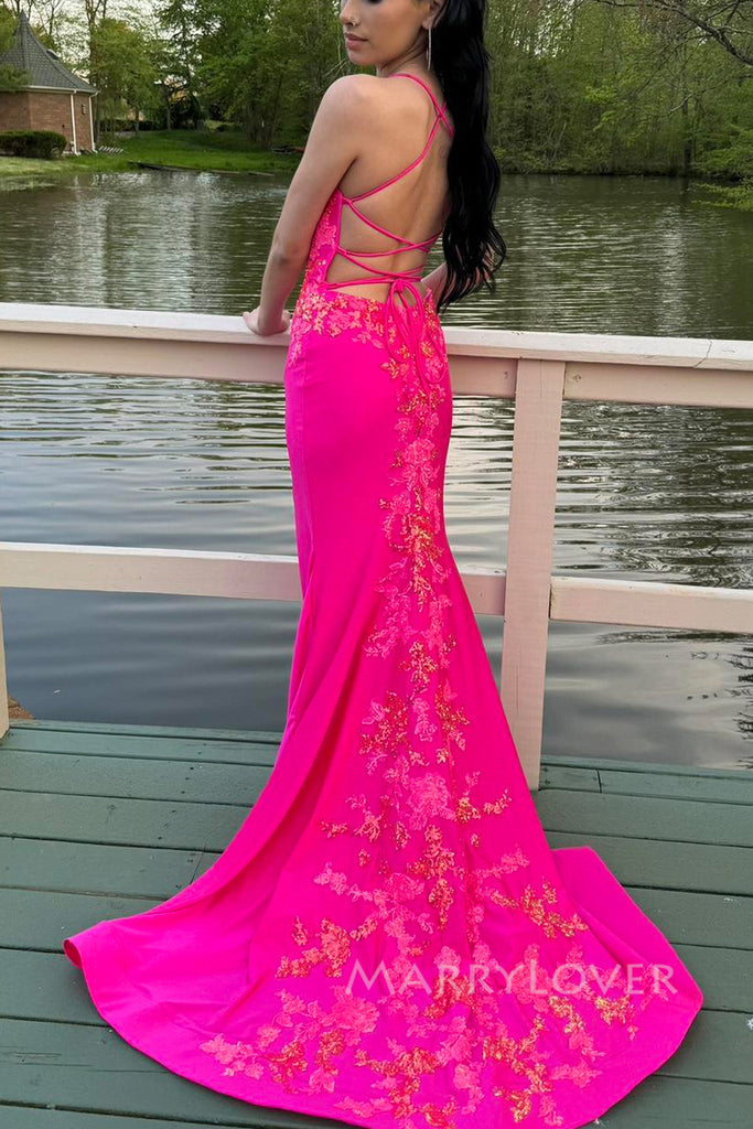 Unique Pink Mermaid Appliques Long Evening Prom Dresses, MR0172