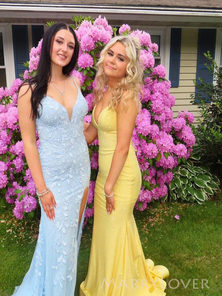 Spaghetti Straps Yellow Mermaid Sparkly Long Evening Prom Dresses, V-neck Prom Dress, MR0173