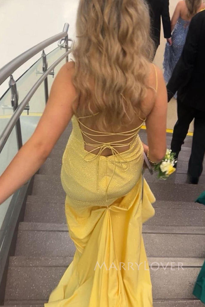Spaghetti Straps Yellow Mermaid Sparkly Long Evening Prom Dresses, V-neck Prom Dress, MR0173