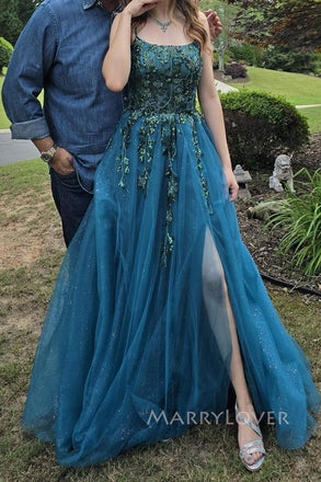 Blue Tulle Appliques Spaghetti Straps Side Slit Long Evening Prom Dresses A-line, MR0175