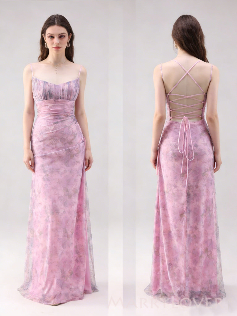 Pink Chiffon Spaghetti Straps Long Evening Prom Dresses, MR0176