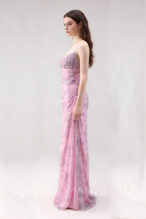 Pink Chiffon Spaghetti Straps Long Evening Prom Dresses, MR0176