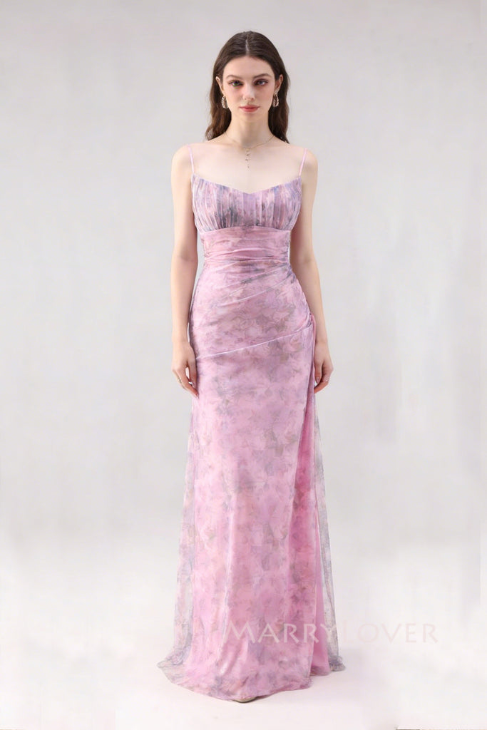 Pink Chiffon Spaghetti Straps Long Evening Prom Dresses, MR0176