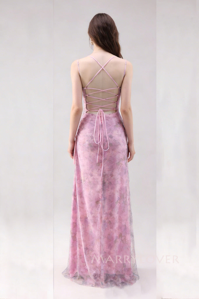 Pink Chiffon Spaghetti Straps Long Evening Prom Dresses, MR0176