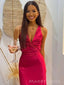 Red Satin Mermaid V-neck Backless Long Evening Prom Dresses, MR0177