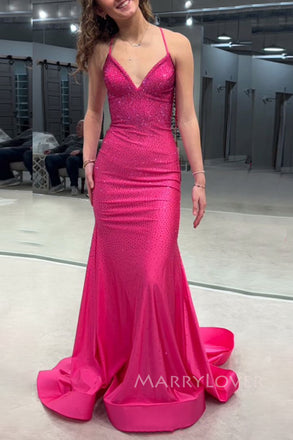 Gorgeous Pink Mermaid Spaghetti Straps Sparkly Long Evening Prom Dresses, MR0180